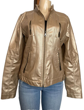 Frida G Womens Sz L Champagne Faux Leather Moto Jacket Zippered Pockets
